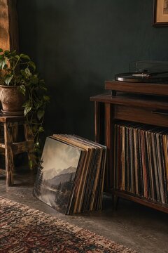 Dark green moody room corner with vintage turntable on wooden cabinet, stack of vinyl records leaning on floor, plant, patterned rug, nobody