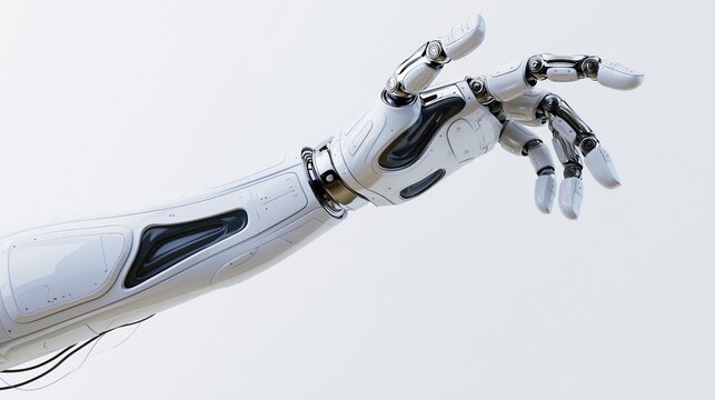 Robotic arm extending forward with fingers slightly curled against white background