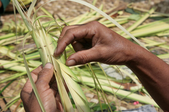 Close-up of two pairs of hands weaving pale green palm leaves into offerings with leaf strips on a woven mat, Ubud, Indonesia