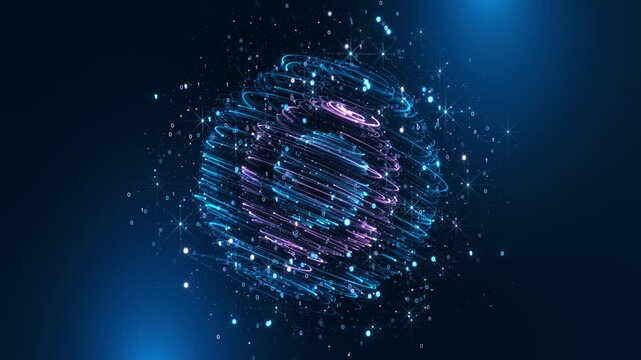 Glowing trails form spherical orb binary digits, bright nodes network grid. abstract data connectivity background for cloud computing, analytics software technology information exchange video projects