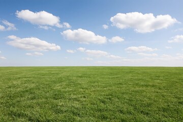 Naklejka premium The Grass Field Under Bright Blue Sky with White Clouds