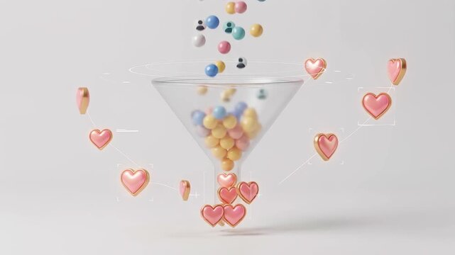 Colorful user spheres pouring into a glass funnel and transforming into floating hearts, symbolizing SaaS customer retention, user loyalty optimization, churn reduction analytics, and engagement.