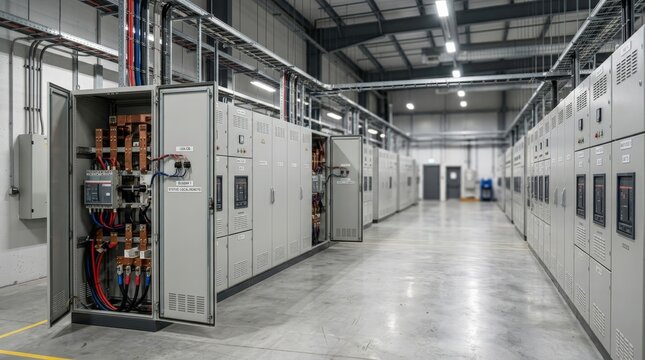A spacious industrial server room features rows of gray metal cabinets housing an electrical fuse box, with exposed copper wiring and circuit breakers visible inside an open panel