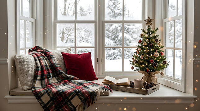 Cozy winter window seat decorated for Christmas with a small tree and warm blanket.