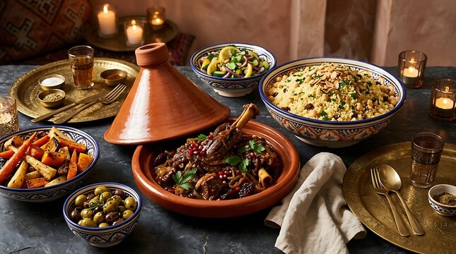 Traditional moroccan dinner with lamb tagine and couscous served on a rustic table with candles. African dinner setup