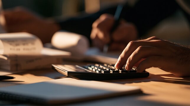 Close-up of accountant hand using calculator to audit financial tax reports
