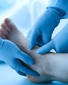 The podiatrist is examining the close-up view of the patient's foot