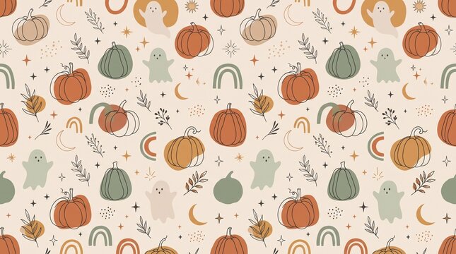 Earthy aesthetic fall repeating background, seamless surface pattern design with boho line art pumpkins and celestial stars texture
