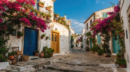 Obraz premium Charming cobblestone street in a Mediterranean village with vibrant pink bougainvillea flowers