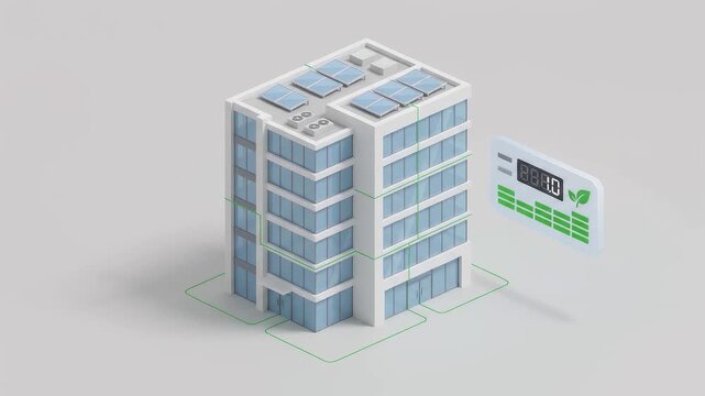 An isometric smart building with solar rooftop panels linked to a green energy meter UI, symbolizing eco-friendly energy efficiency, ESG real estate sustainability, and intelligent facility control.