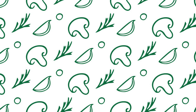 Pattern seamless fresh mushrooms garlic cloves and aromatic herbs green doodle illustration