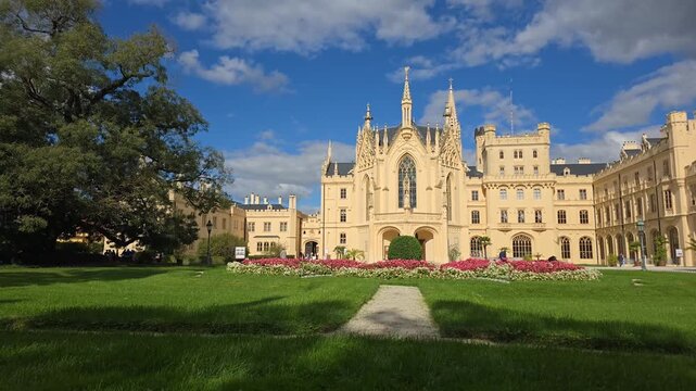 Time lapse of historic Lednice Castle and garden in Czech Republic
