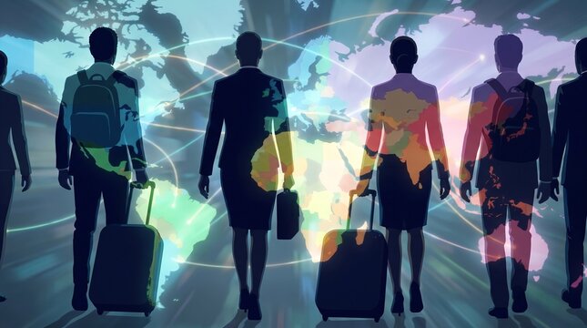 Silhouettes representing talented professionals migrating globally, with colorful world maps positioned, illustrating talent mobility, globalization, international workforce etc