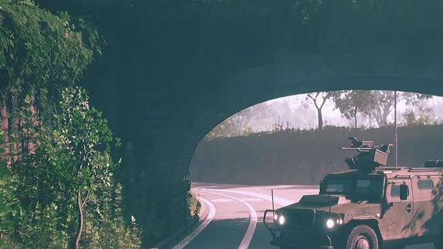 A military vehicle moves under a stone archway, framed by dense green foliage. The soft light hints at early morning, creating a tranquil yet powerful scene of movement.