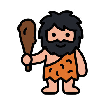 Cartoon Caveman Holding a Wooden Club in a Primitive Setting Representing Ancient Mankind