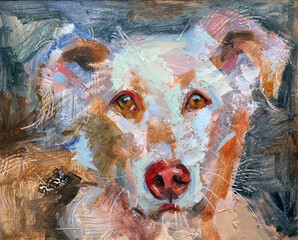 Ritratto artistico di un cane bianco e marrone in stile pittura a olio espressionista, dipinto materico di animale domestico con sguardo espressivo e naso rosa © Ilarialapreziosa