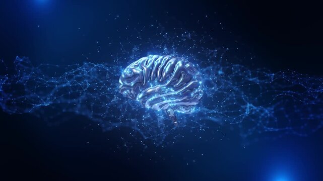 Silver brain blue network connections artificial intelligence dark background. Digital machine learning, neural computing, intelligent systems and innovation presentations connected luminous particles