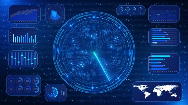 Circular radar display chart panels visualize data, numerical metrics global locations. digital analytics background for business intelligence, performance reporting, network monitoring presentation
