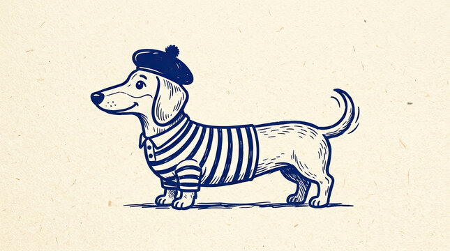 Vector drawn art dachshund wearing a striped shirt and beret with dressed