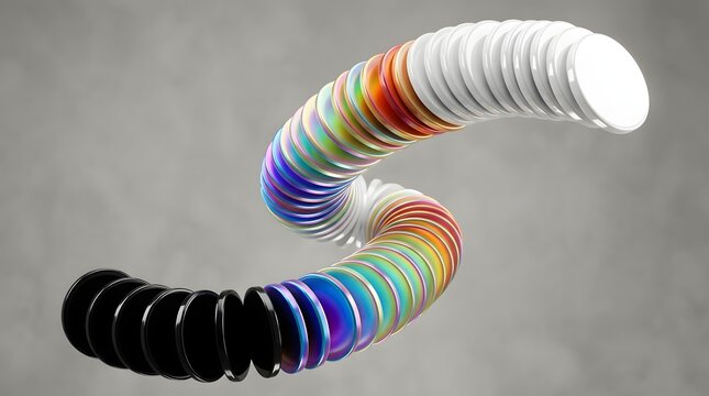 Abstract 3d rendering of a swirling chain of colorful discs transitioning from black to white