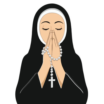 Catholic Nun Praying with Rosary Beads Vector Illustration