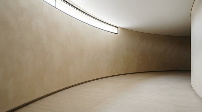 Minimalist hallway with curved beige textured wall and horizontal clerestory window