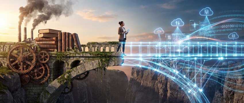 Digital Transformation Concept Bridging Traditional Industry to Cloud Technology Future