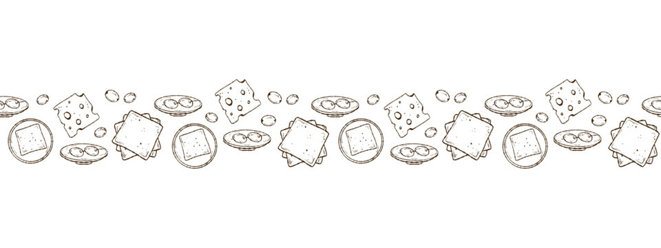 Cheese Slices And Olives Horizontal Seamless Border. Outline Hand Drawn Vector For Restaurant Menu