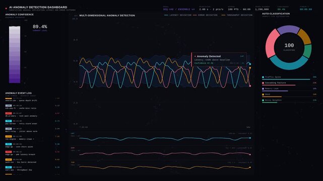 An AI anomaly detection dashboard visualizes unusual application latency and error patterns with dynamic charts and metrics in a sleek, high-tech style.