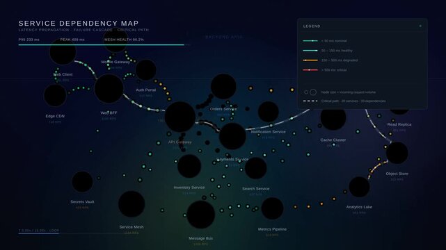 Explore a detailed application dependency map dashboard animation showcasing latency propagation, failures, and critical paths with a modern, dark aesthetic and vibrant colors.