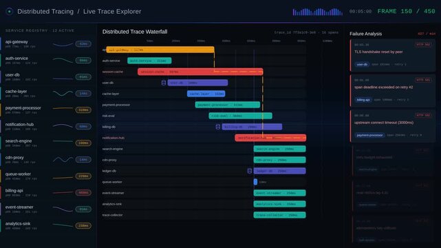 Explore a captivating 4K animation of a distributed tracing dashboard showcasing service spans, bottlenecks, dependencies, and request failures with vibrant visual elements.