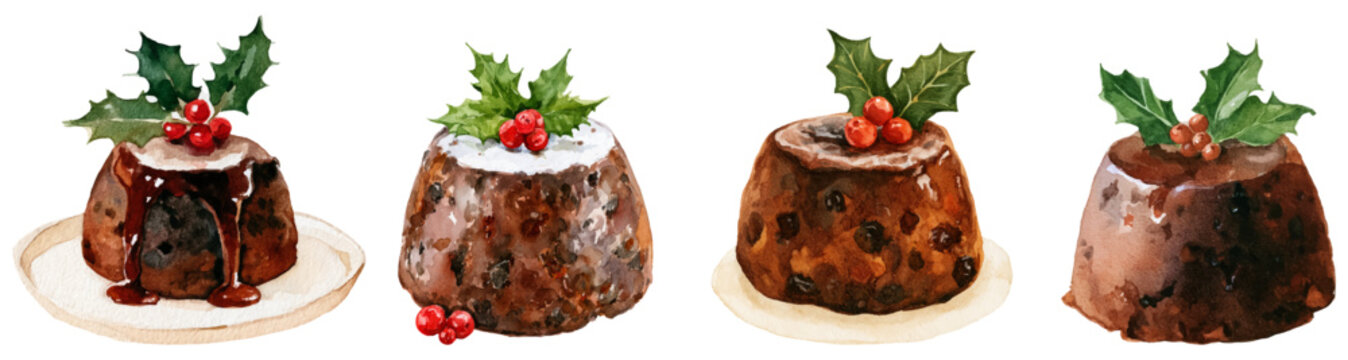 Christmas puddings painted in watercolor with holly berries, festive fruitcakes creating a sweet holiday food collection for winter celebrations and seasonal menus