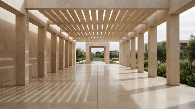 Modern architectural colonnade with symmetrical stone pillars and a slatted roof casting linear shadows on a polished floor in a serene, minimalist outdoor courtyard setting