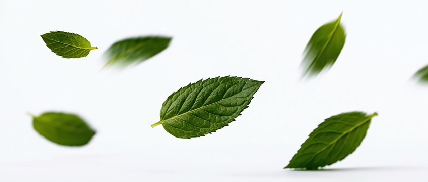 Green serrated mint leaves floating mid-air against white background