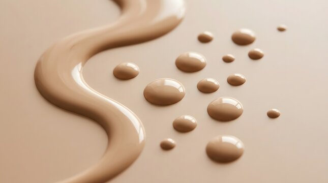 Liquid foundation makeup texture smear and drops on beige background