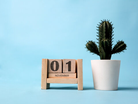 A wooden block calendar for November 1st with a plastic cactus plant on the side on a light blue background.