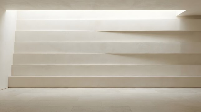 Minimalist interior wall with layered horizontal concrete steps and soft top lighting creating a clean architectural texture
