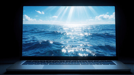 Fototapeta premium Laptop screen shows bright ocean waves under sunny sky in dark room. Blue sea view on computer display offers digital escape from reality. Person uses electronic device to enjoy virtual vacation,