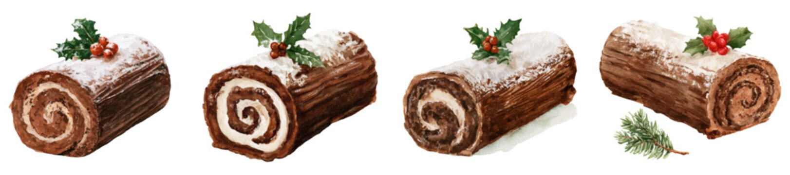 Watercolor yule logs illustrating christmas holiday desserts, traditional winter chocolate roll cakes dusted with powdered sugar and decorated with festive holly berries