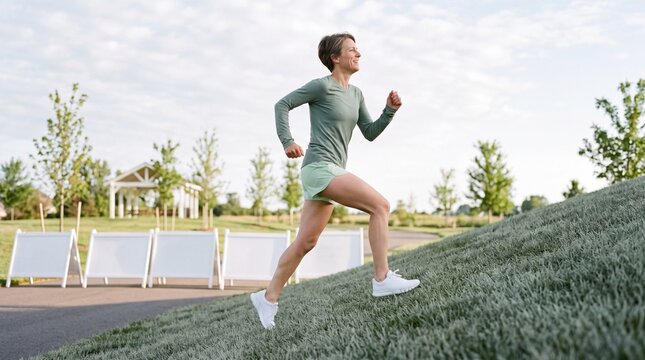 Woman running uphill on a grassy slope past barriers in a park