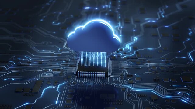 Cloud symbol microchip connected digital infrastructure glowing blue paths across motherboard. for online storage, remote computing, server hosting, data backup enterprise technology explainers.