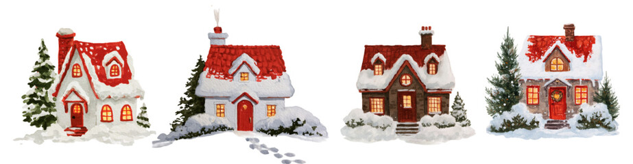 Fototapeta premium Charming watercolor scene of snow covered christmas cottages with glowing windows, red roofs and evergreen trees, evoking cozy winter holiday and storybook village charm