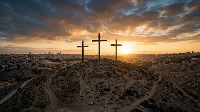 Three wooden crosses on Calvary hill overlooking Jerusalem at sunset