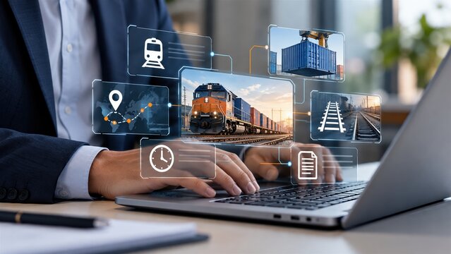 Business professional managing global logistics using digital interface software