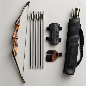 Bow arrows and quiver neatly arranged beside arm protection