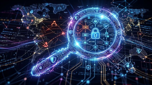 Magnifying glass over global network map with glowing security locks and digital data pathways