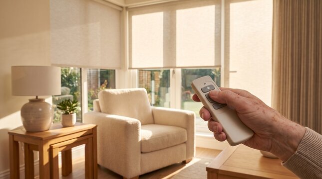 Senior hand holding wireless remote control operating automated motorized window blinds in a modern warm bright living room interior setting   