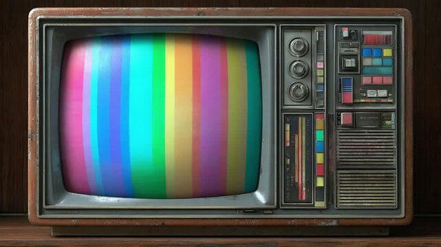 Vintage television displaying colorful test pattern.