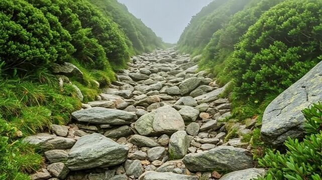 Walking up a steep rocky mountain trail on a foggy day.
