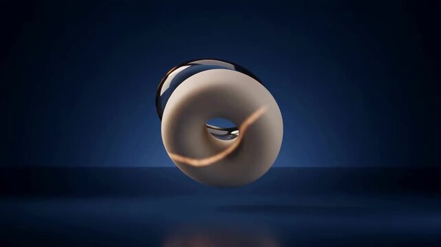 Abstract 3D geometric animation of iridescent glass torus and matte white ceramic loop spinning on dark blue background
